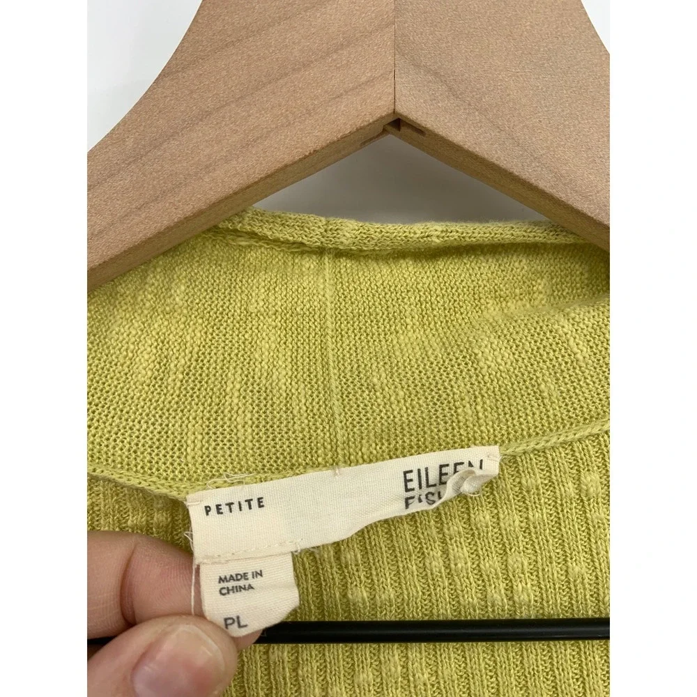 Eileen Fisher Sweater Large Petite Green Cardigan Linen Blend Open Drape Pocket